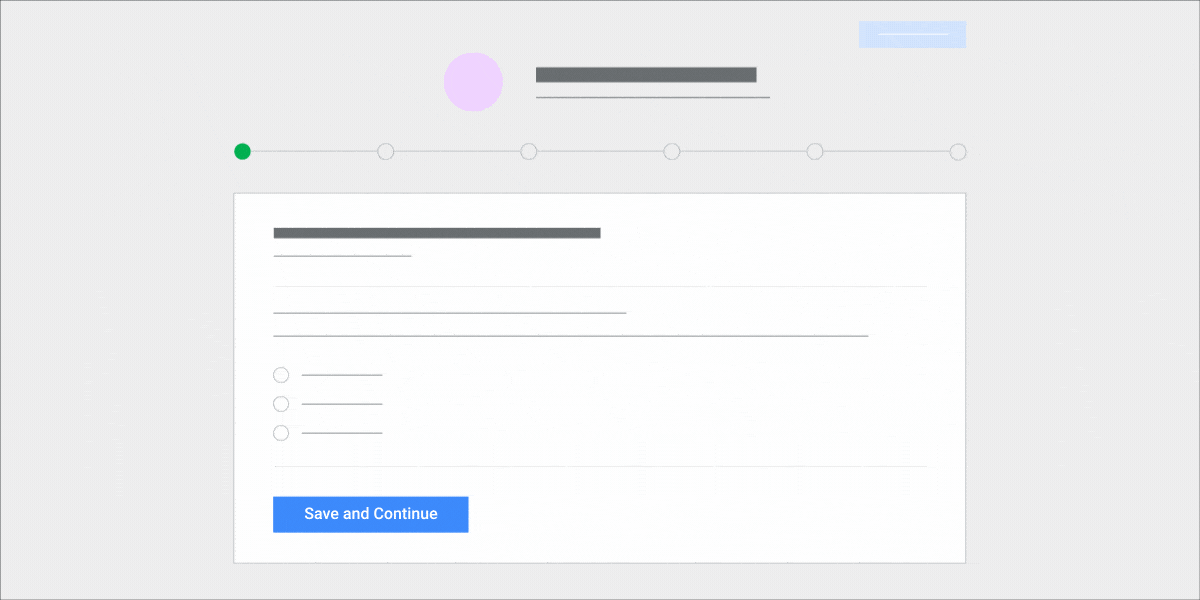 A simplified UI animation that depicts how to save setup steps and continue the process of setting up the MonsterInsights plugin for Google Analytics.