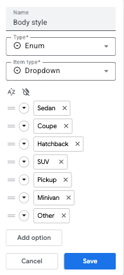 Add Enum column called Body style with dropdown items that include Sedan, Coupe, Hatchback, SUV, Pickup, and Minivan