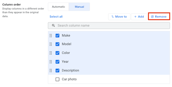 Select all but Car photo in the columns list and click Remove