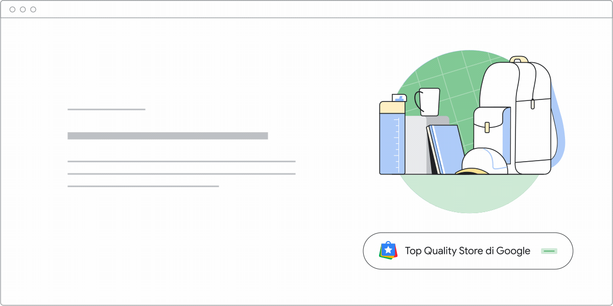 Animasi badge “Top Quality Store di Google” di desktop.