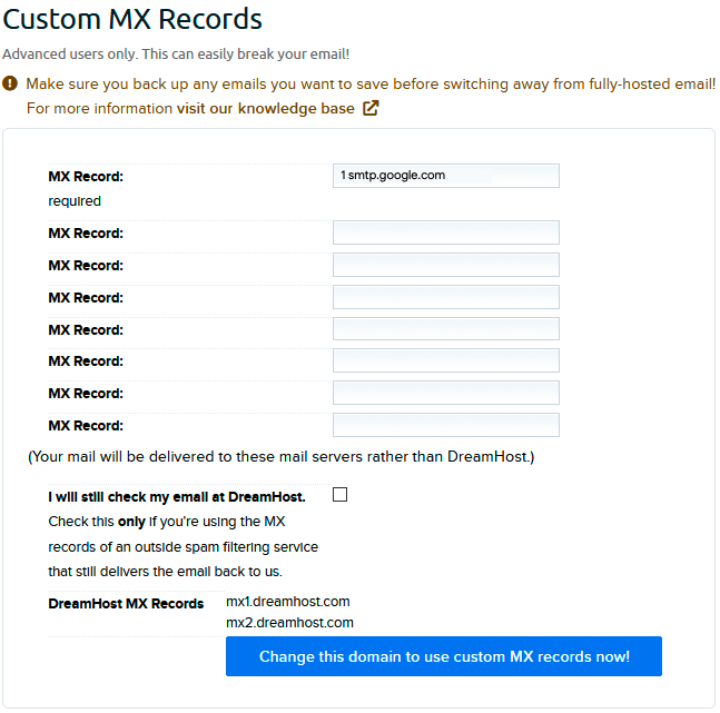 All 5 MX records have been added to the Dreamhost DNS records.