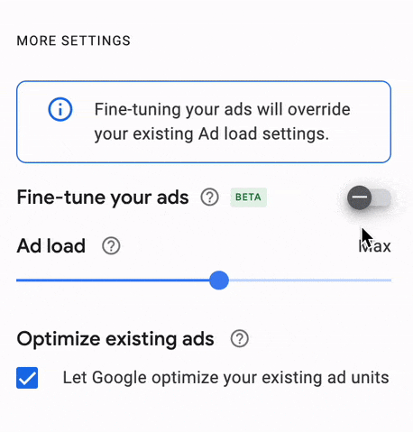 Animation of the "Fine-tune your ads" controls in Google AdSense
