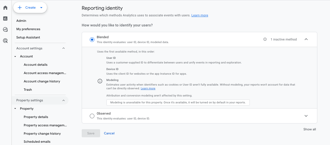 GA4 Admin > Reporting identity > Blended