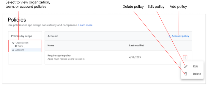 Policies page showing account policies