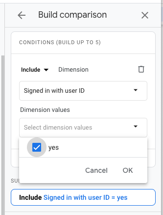 A comparison including the "Signed in with user ID" dimension and dimension value = yes