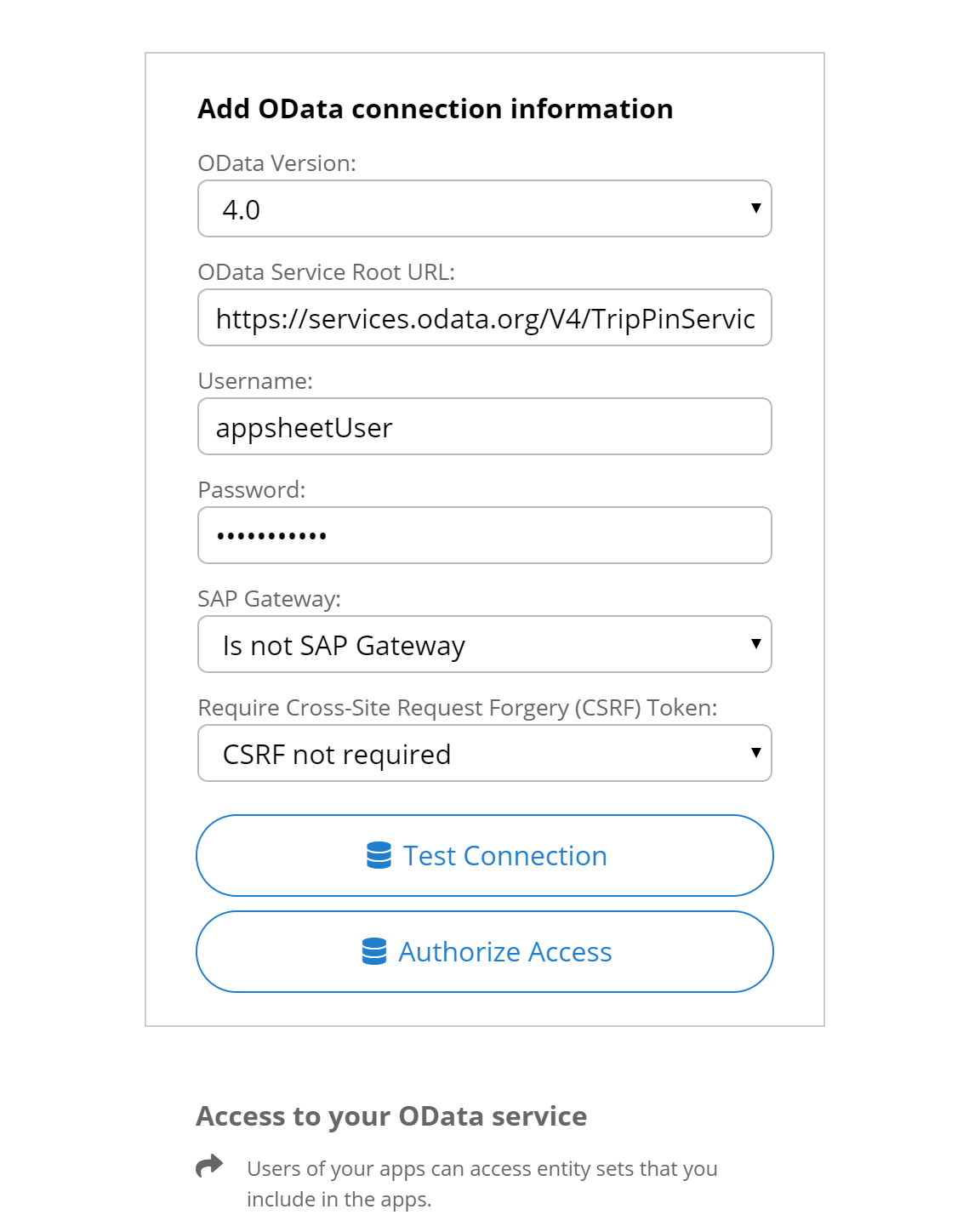 Add OData connection information dialog