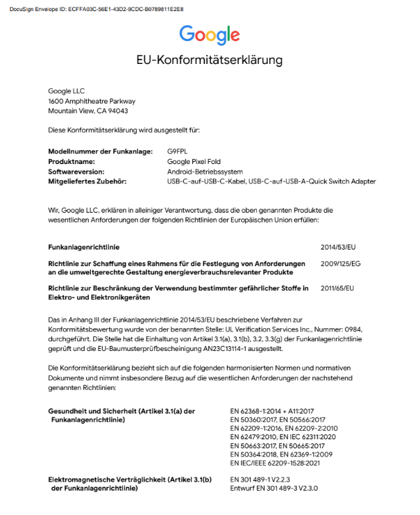 Konformitätserklärung für das Vereinigte Königreich Seite 1