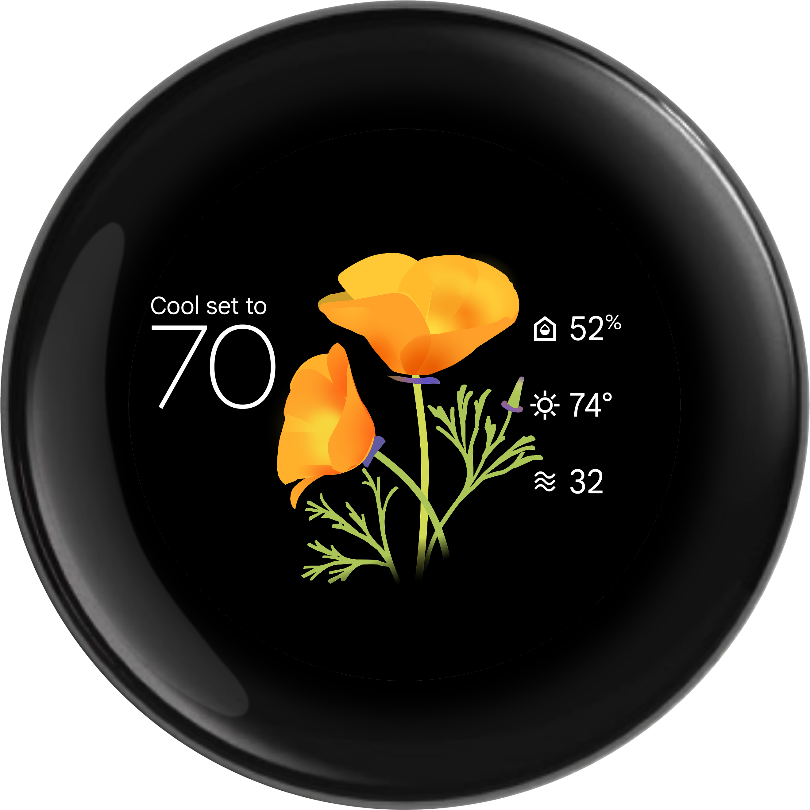 Seasonal art variant of the Nest Thermostat Farsight face showing near view info