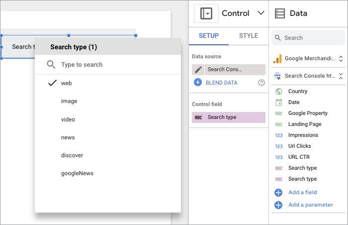 Im Looker Studio-Berichtseditor ist das Steuerelement „Drop-down-Liste“ ausgewählt. Rechts ist der Eigenschaftenbereich zu sehen. Er zeigt das Steuerfeld mit dem Parameter „Suchtyp“.