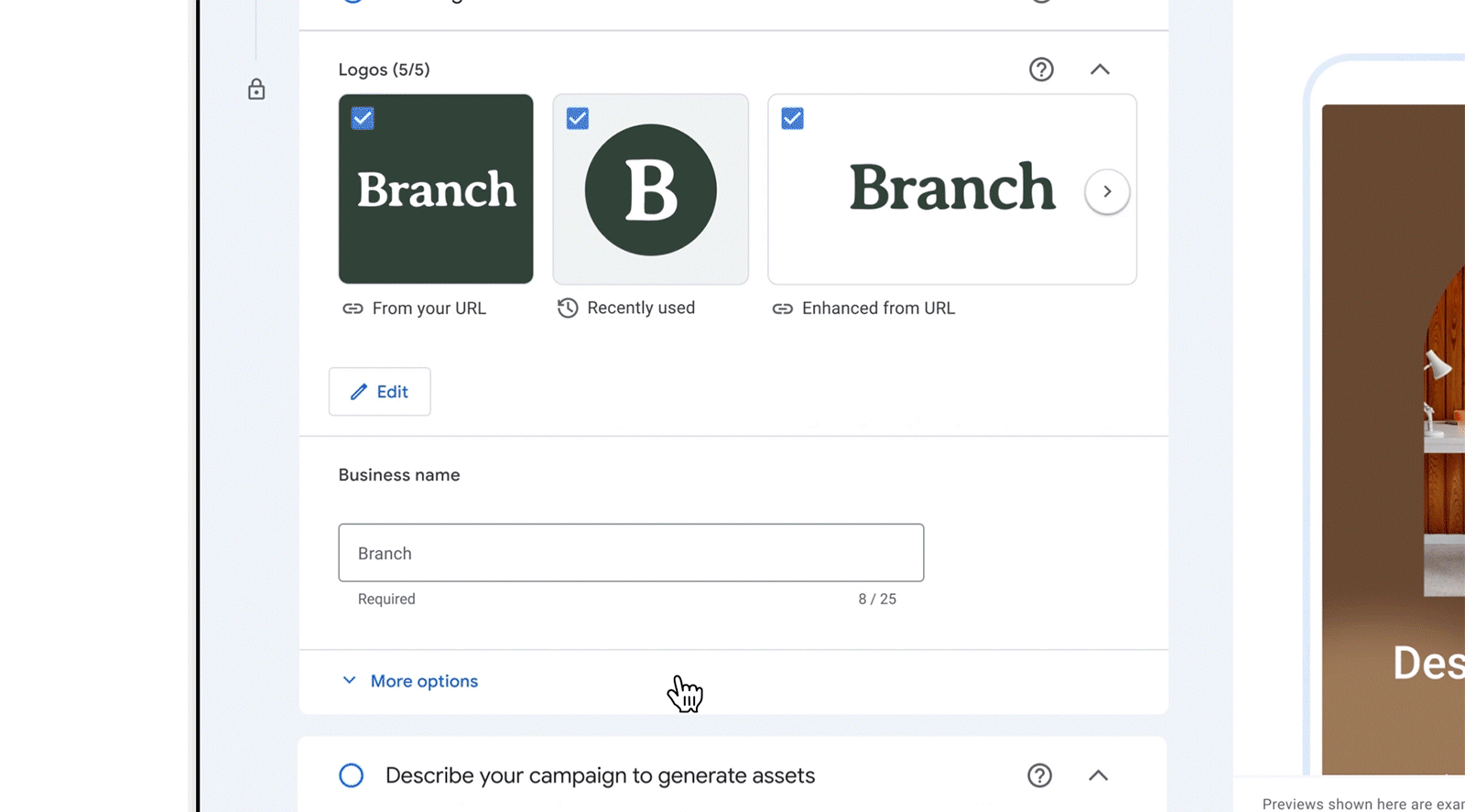 UI of brand guidelines where a user inputs brand colors and font through dropdown menus