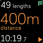 Exercise app screen showing swim tracking in progress with the current amount of laps, distance, and time.