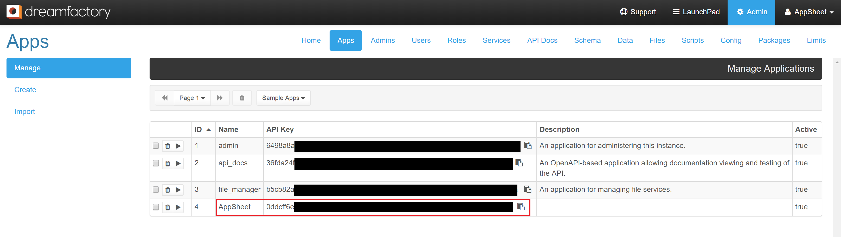 New API key generated to connect to your DreamFactory instance from AppSheet