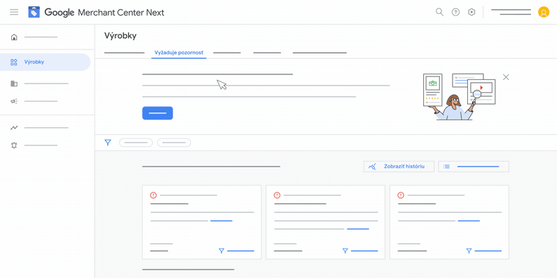 Táto animácia ukazuje, ako zobraziť históriu stavu výrobku v službe Google Merchant Center Next