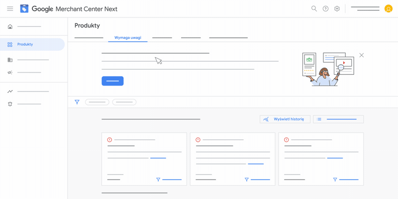 Ta animacja pokazuje, jak wyświetlić historię stanu produktów w Google Merchant Center Next.
