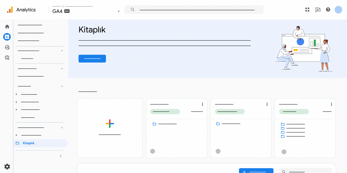 GA4'te bir raporu bir mülkten diğerine kopyalama adımlarını gösteren animasyon.