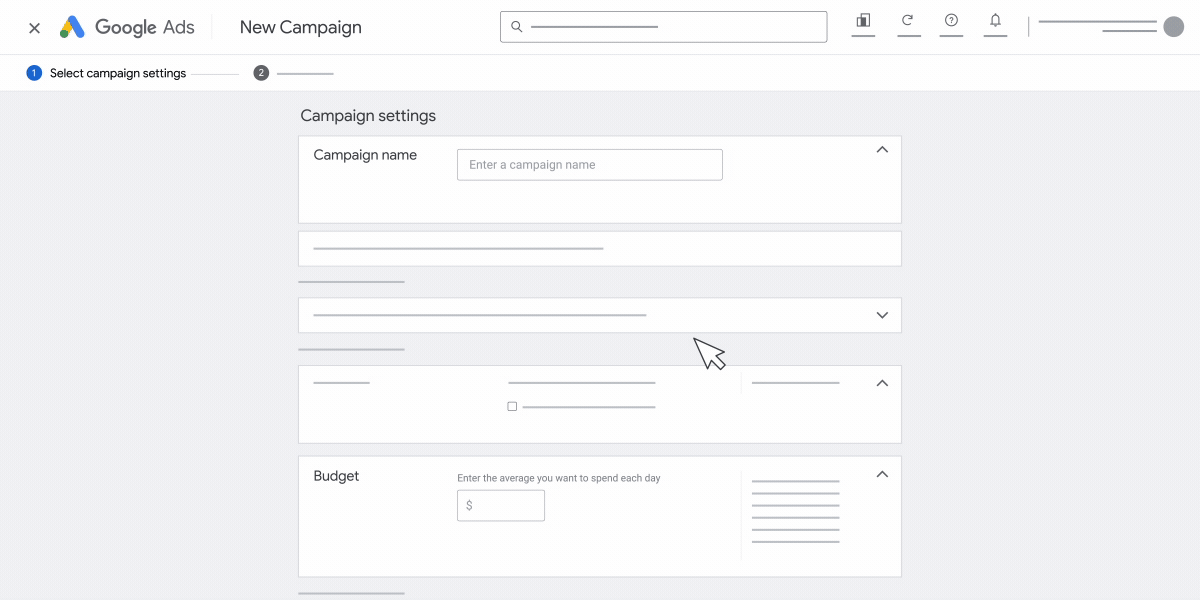 An animation that shows the campaign settings section when creating a new travel campaign in your Google Ads account. 