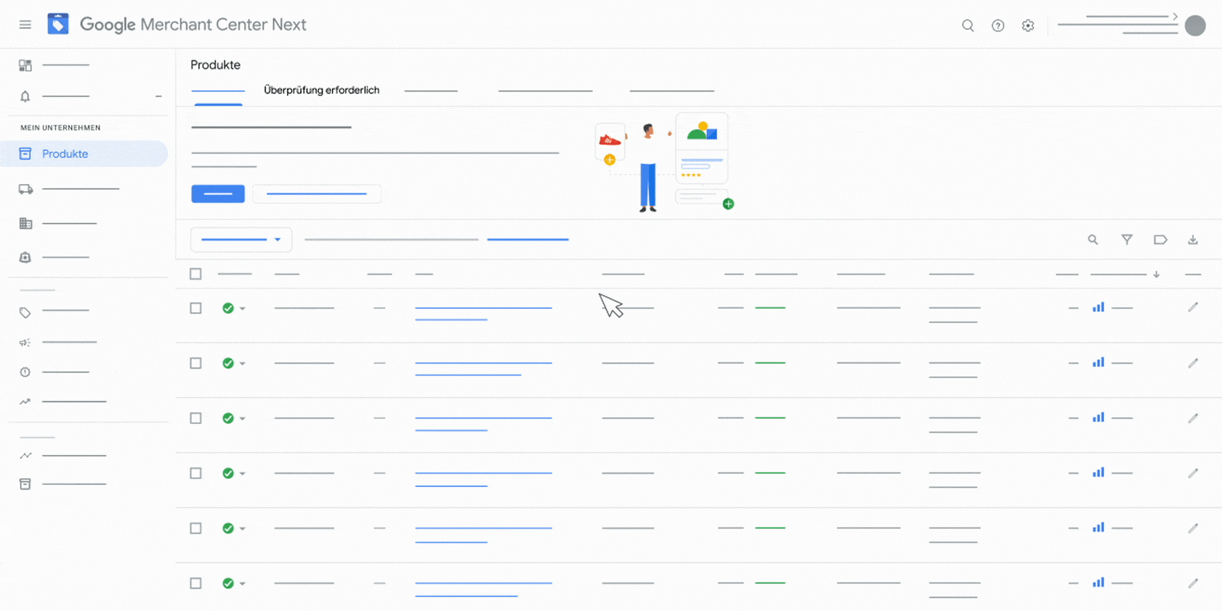 Eine Animation, die zeigt, wie Sie im Merchant Center eine Überprüfung auf Richtlinienprobleme beantragen