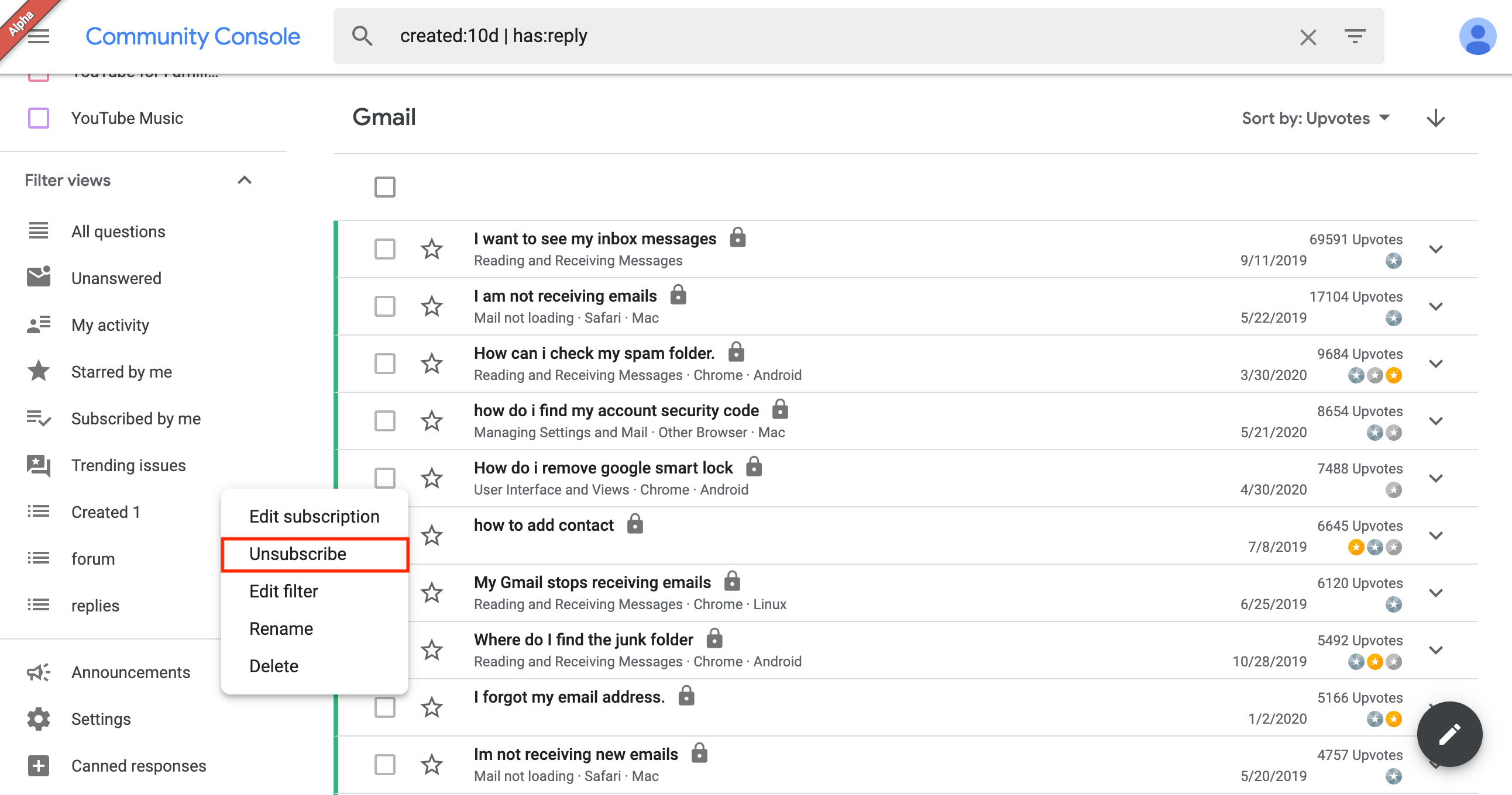 Unsubscribe from filter notifications Google Communities Help
