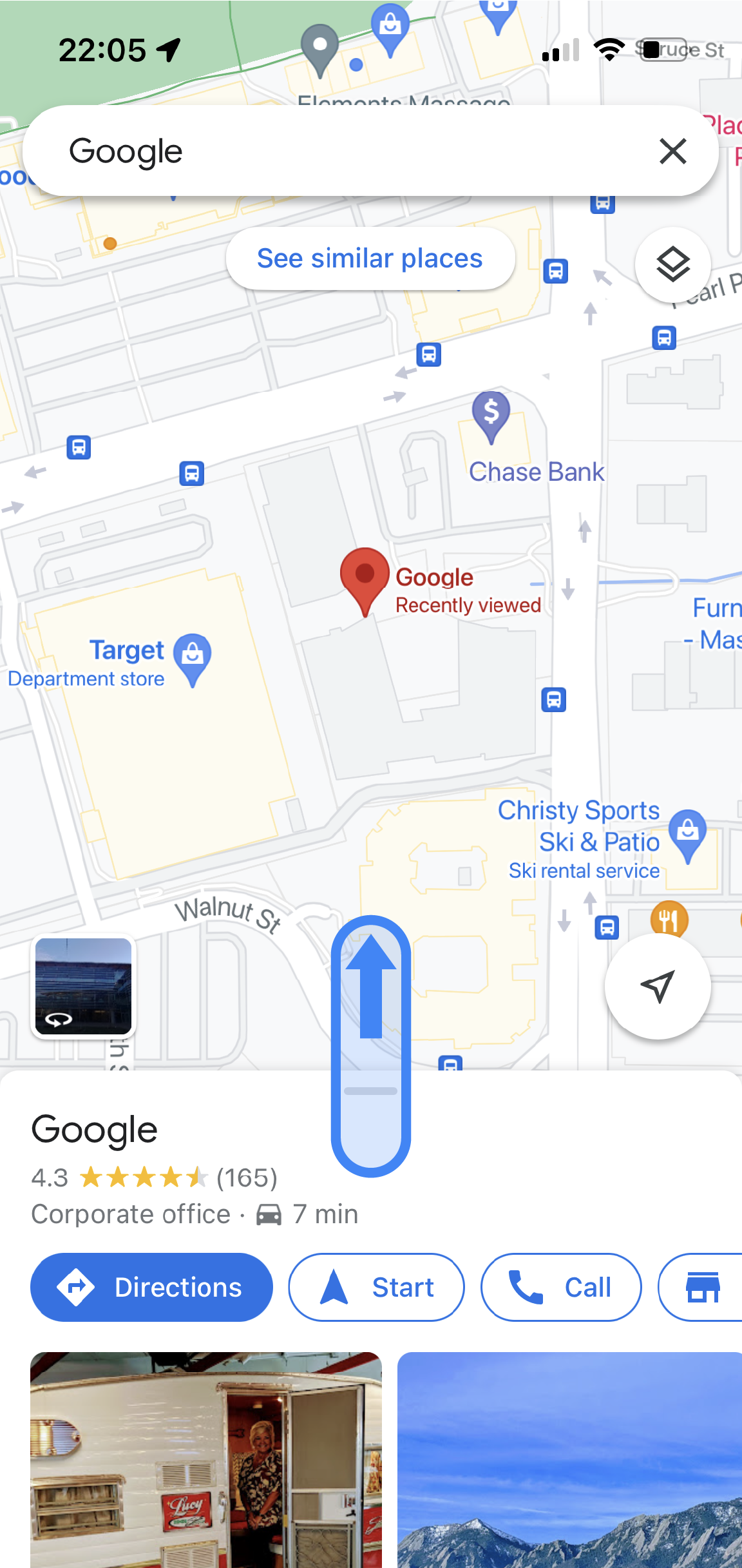In Google Maps app, a Google office location is displayed. At the bottom of the app, the location name and average ratings are shown with buttons to find directions, start navigation, call, and more.
