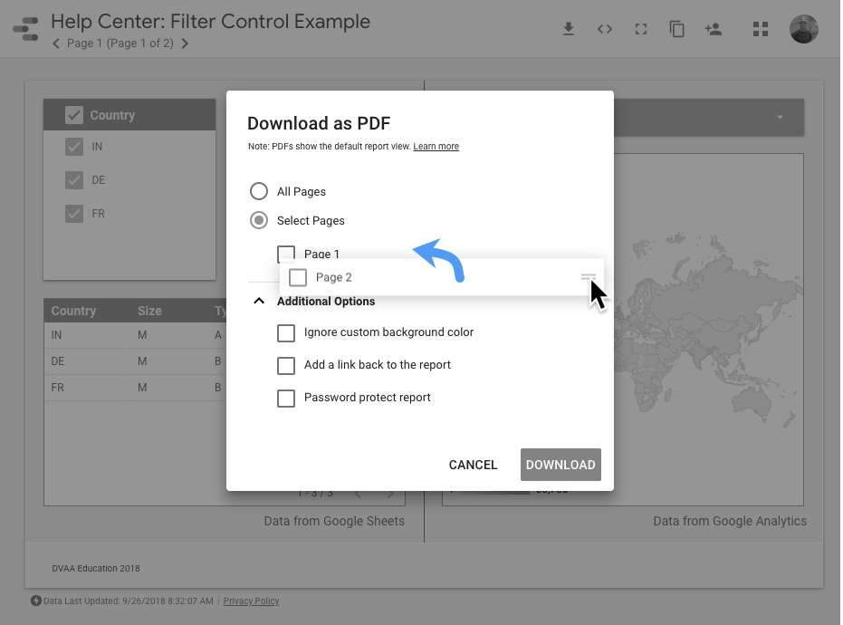 Dans le menu "Télécharger au format PDF", avec l'option "Sélectionner des pages" sélectionnée, un utilisateur modifie l'ordre des pages en faisant glisser la Page 2 au-dessus de la Page 1.