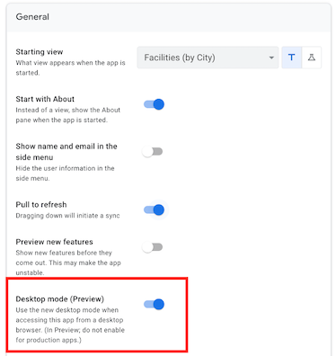 On the UX Options pane, the Desktop mode (Preview) toggle is highlighted