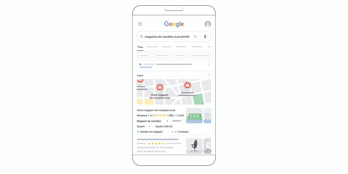 Animation montrant comment la décision d'un utilisateur d'appuyer sur les boutons "Appeler" ou "Itinéraire" dans le Réseau de Recherche est comptabilisée comme conversion d'action locale dans Google Ads.