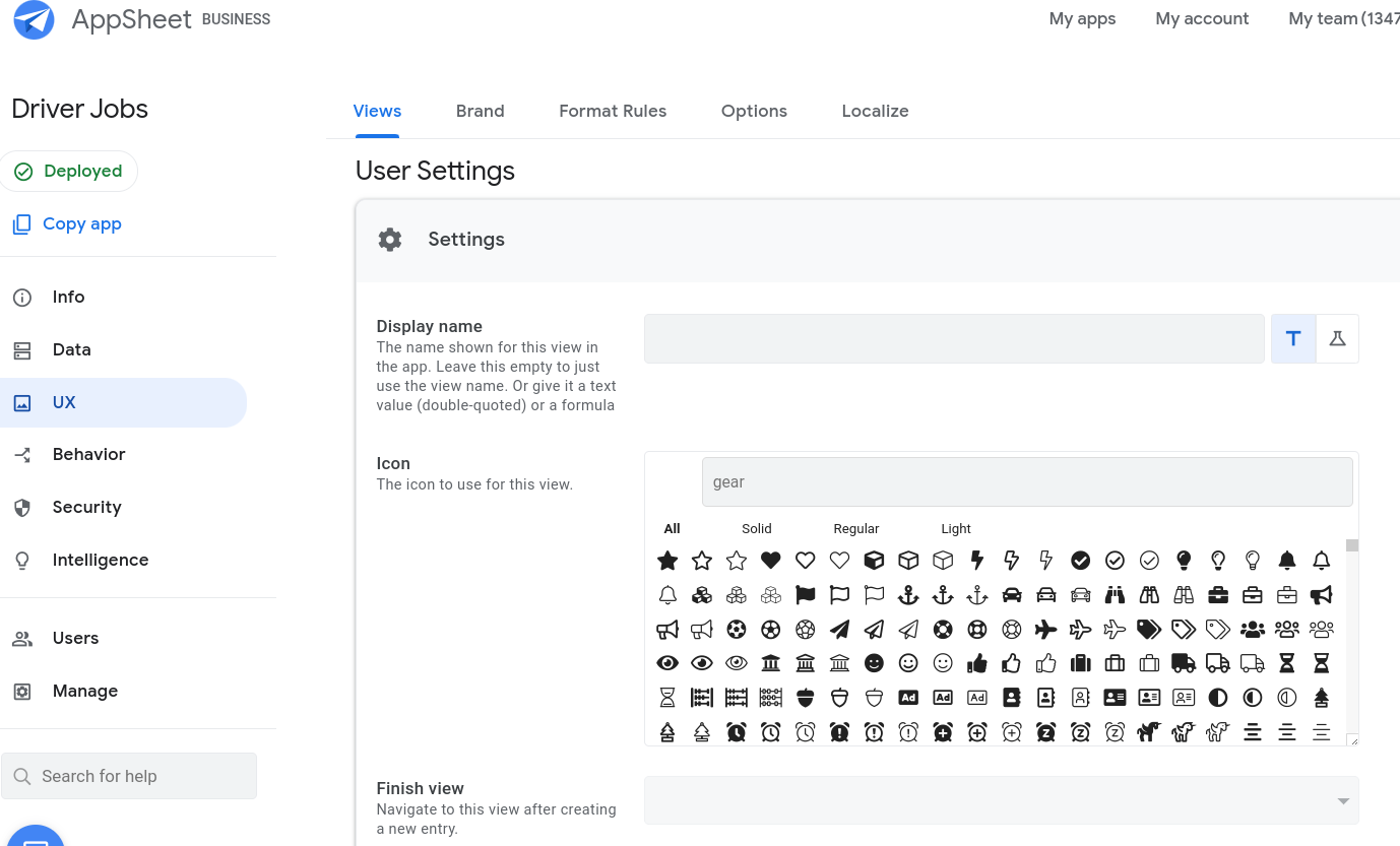 Icon field in the User Settings section showing that the gear is selected