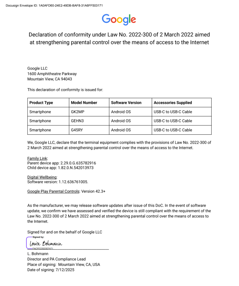 Parental Control Declaration of Conformity