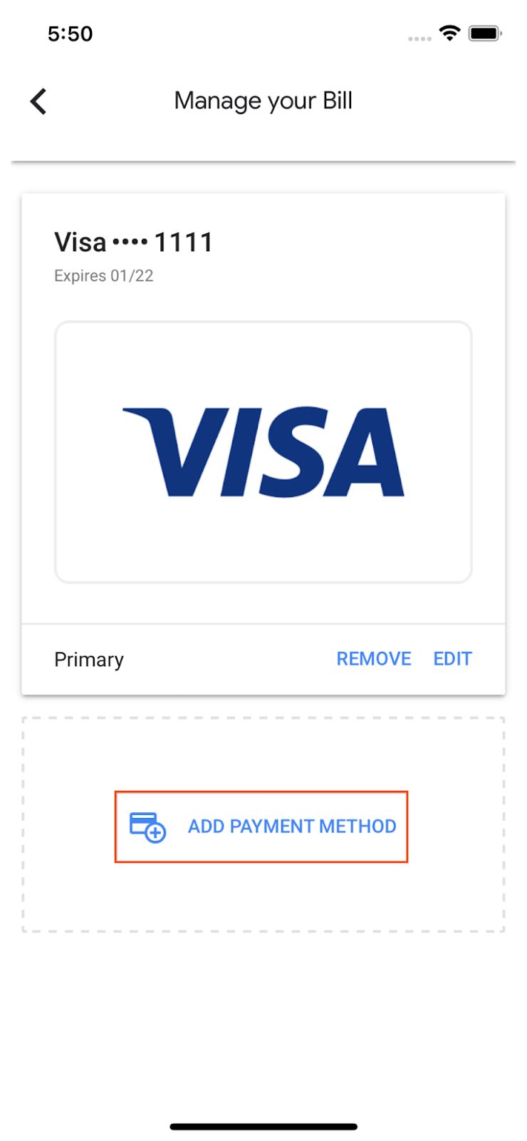 Google Fiber app payment methods screenshot