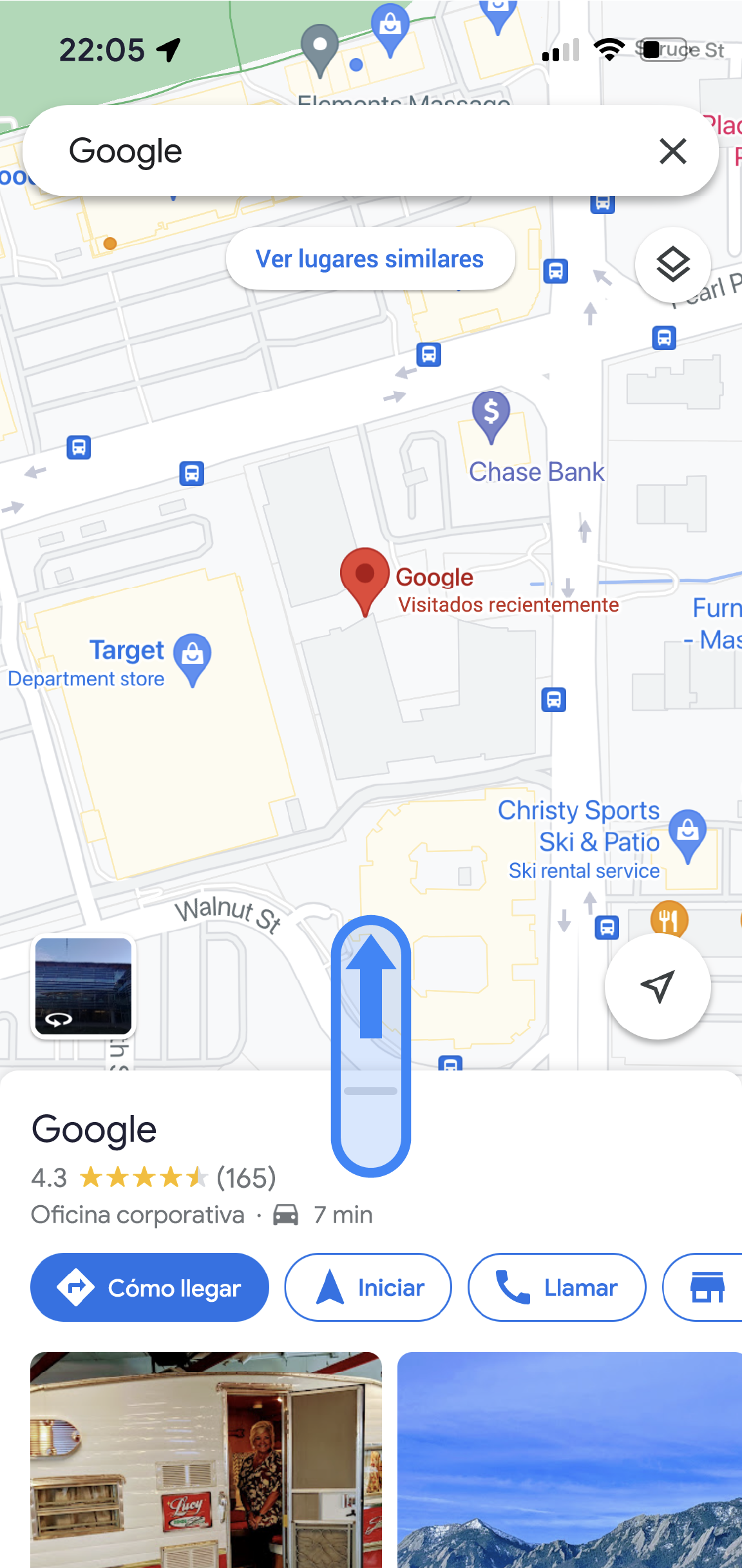 Se muestra la ubicación de una oficina de Google en la app de Google Maps. En la parte inferior de la app aparece el nombre de la ubicación y las calificaciones promedio con botones para buscar instrucciones sobre cómo llegar, iniciar la navegación, realizar llamadas y mucho más.