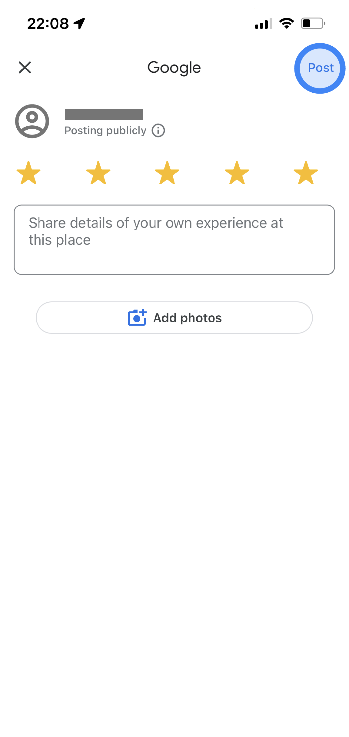In the Google Maps app, a rating and review page is shown. The icon of a user is at the top with a note that says "Posting publicly." Five stars are selected and there is a text box to enter additional review details. At the bottom, there is a button that says "Add photos."
