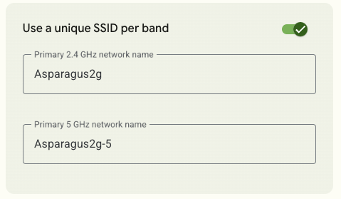 The "Use a unique SSID per band" tile in the GFiber portal. The 2.4 GHz network has the name "Asparagus2g," and the 5 GHz network has the name "Asparagus2g-5."