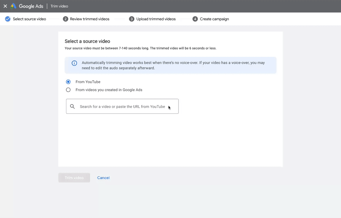 A screen recording of the trim video tool in Google Ads shows the process of selecting, reviewing and uploading ads that are trimmed into 6-second bumper ads