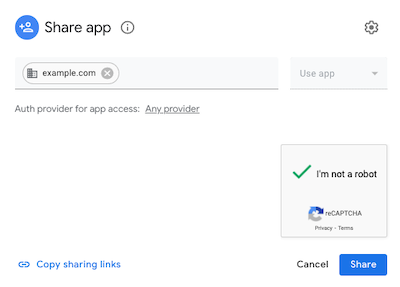 Share app dialog showing how to share an app with a domain.