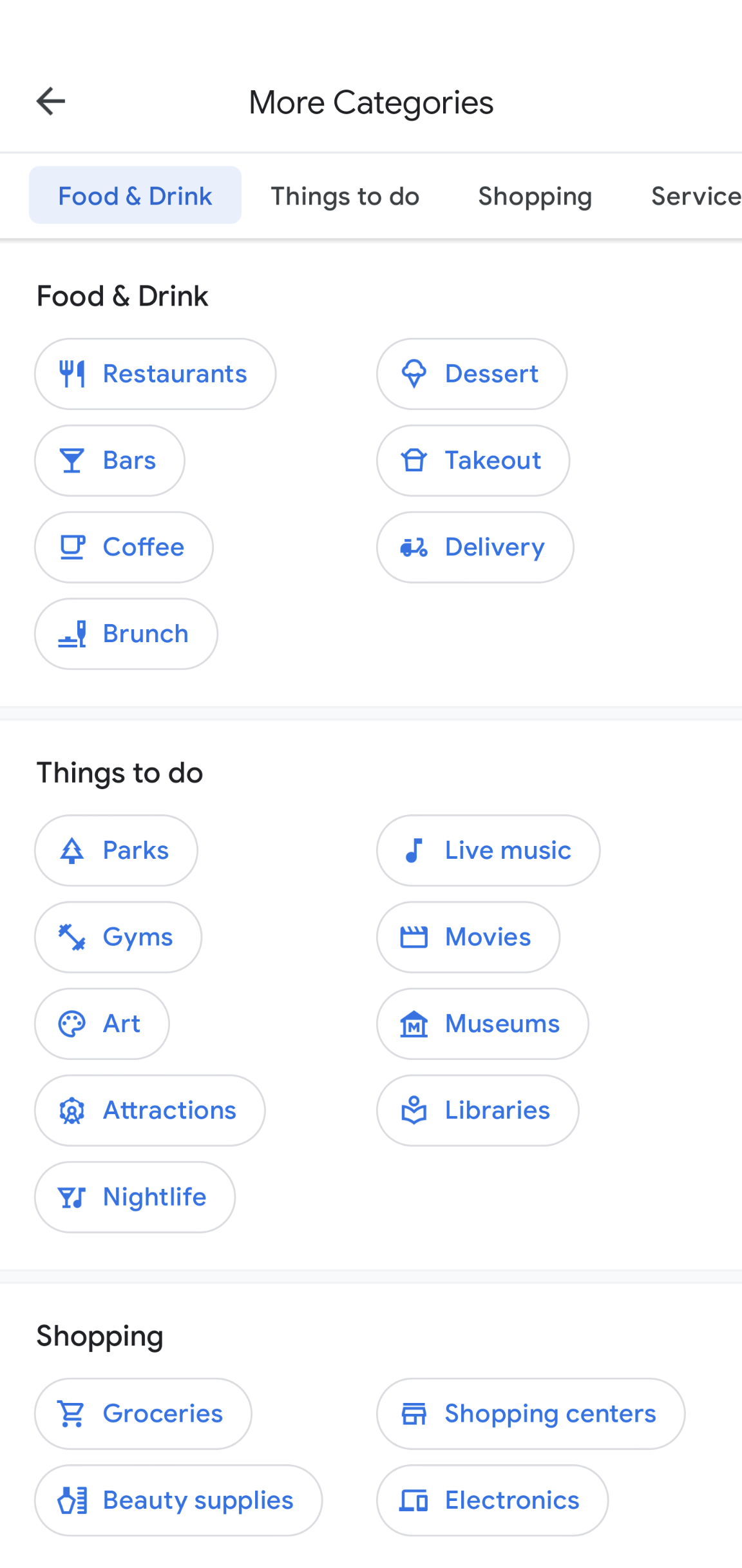 The Google Maps app displays a page title "More Categories. It shows categories such as Food & Drink, Things to do, and Shopping, with subcategories to select under each category. 