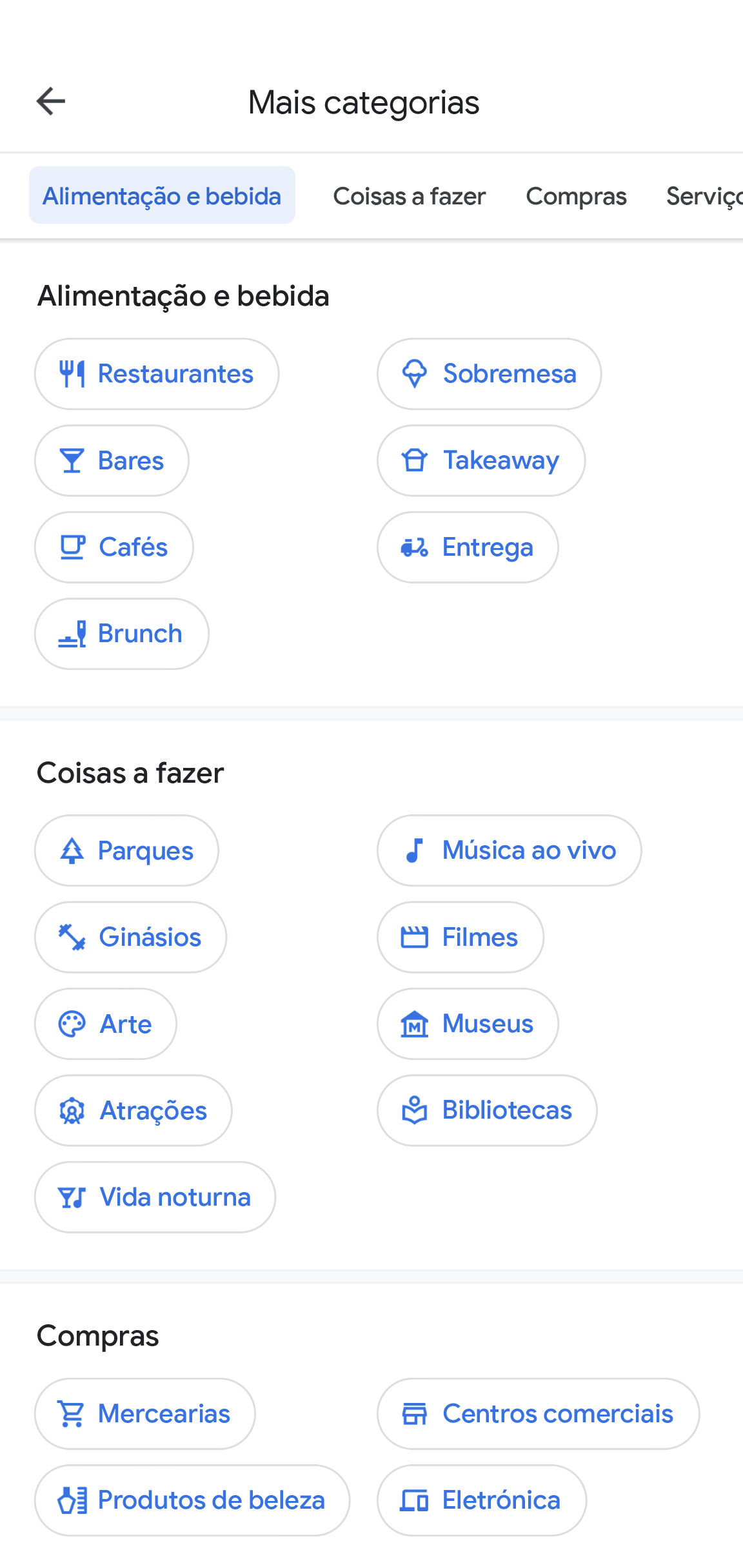A app Google Maps apresenta o título de página "Mais categorias". Apresenta categorias como Alimentação e bebidas, Coisas a fazer e Compras, com subcategorias para selecionar em cada categoria. 