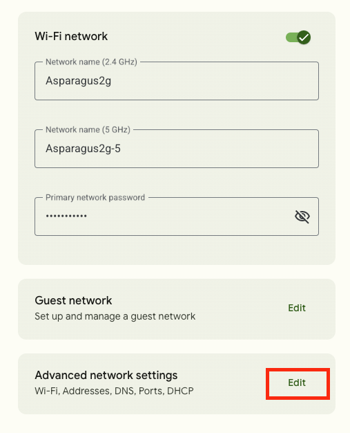 The Network Settings page of the GFiber portal, with the "Edit" link circled in red next to the Advanced network settings tile.