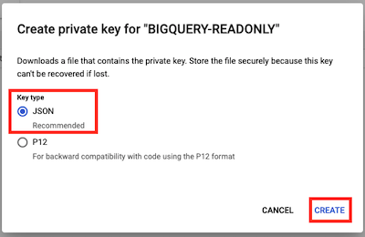 Create private key for the service account in JSON format (default)