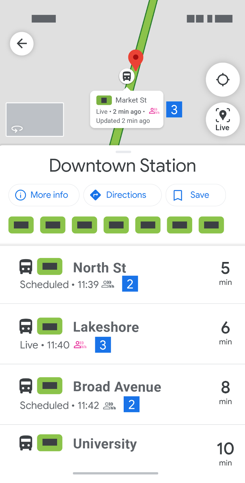 Image shows a sample transit page of a "Downtown Station," approaching methods of transport, and ratings of occupancy data for each.