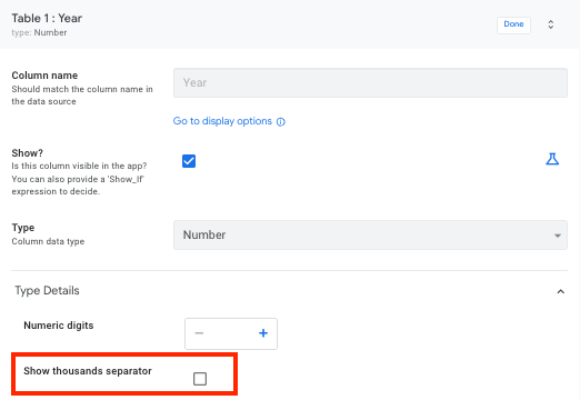 Turn off Show thousands separator in the Year column properties