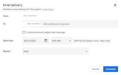 Email delivery configuration dialog with From, To, Start time, and Repeat fields