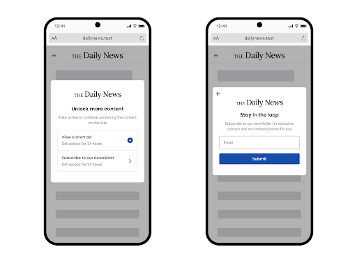 Example of an Offerwall giving the user the choice to provide their email address to earn access to a publisher's site content