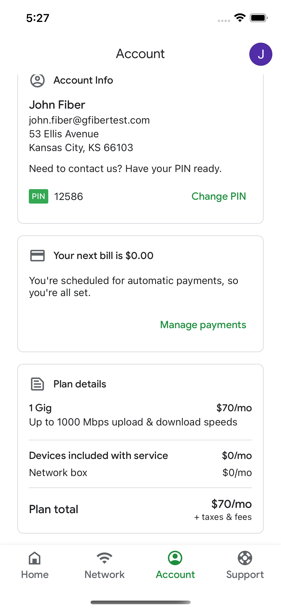 Fiber app new plan change displayed on account page