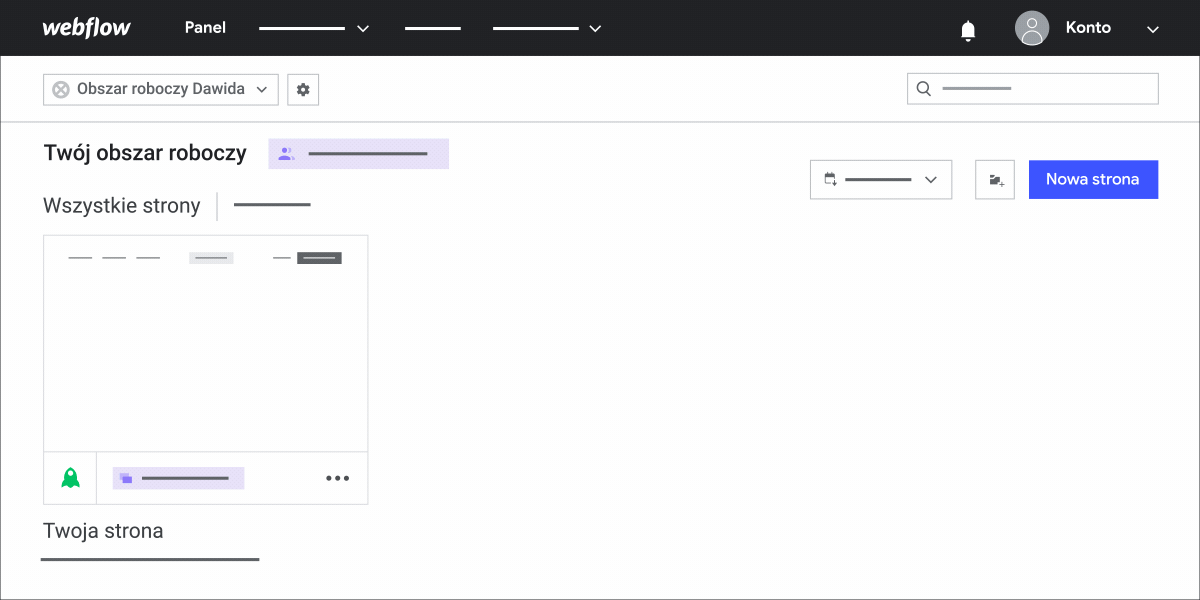 Animacja pokazująca, jak uzyskać dostęp do ustawień za pomocą Webflow.