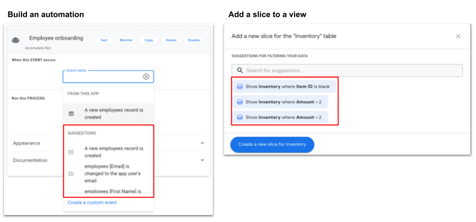 Examples of suggestions when building an automation or adding a slice to a view