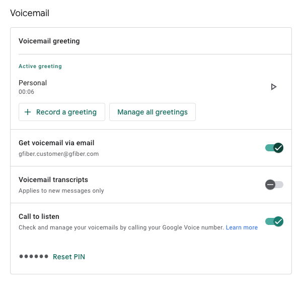 The Google Voice portal, which includes a toggle for "Get voicemail via email" and a toggle for "Voicemail transcripts."