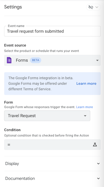 Event configuration settings