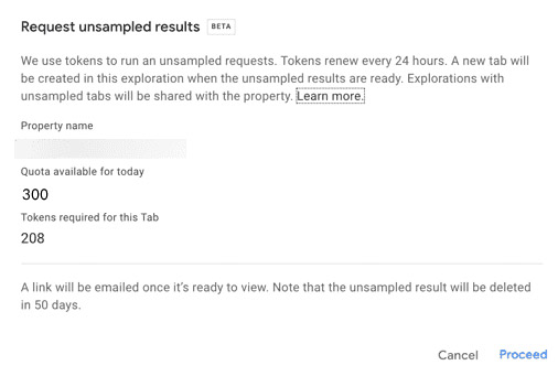 Request unsampled results dialog showing available quota and number of tokens required for the request.