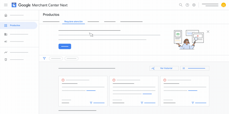 En esta animación se muestra cómo consultar el historial de estado de los productos en Google Merchant Center Next.