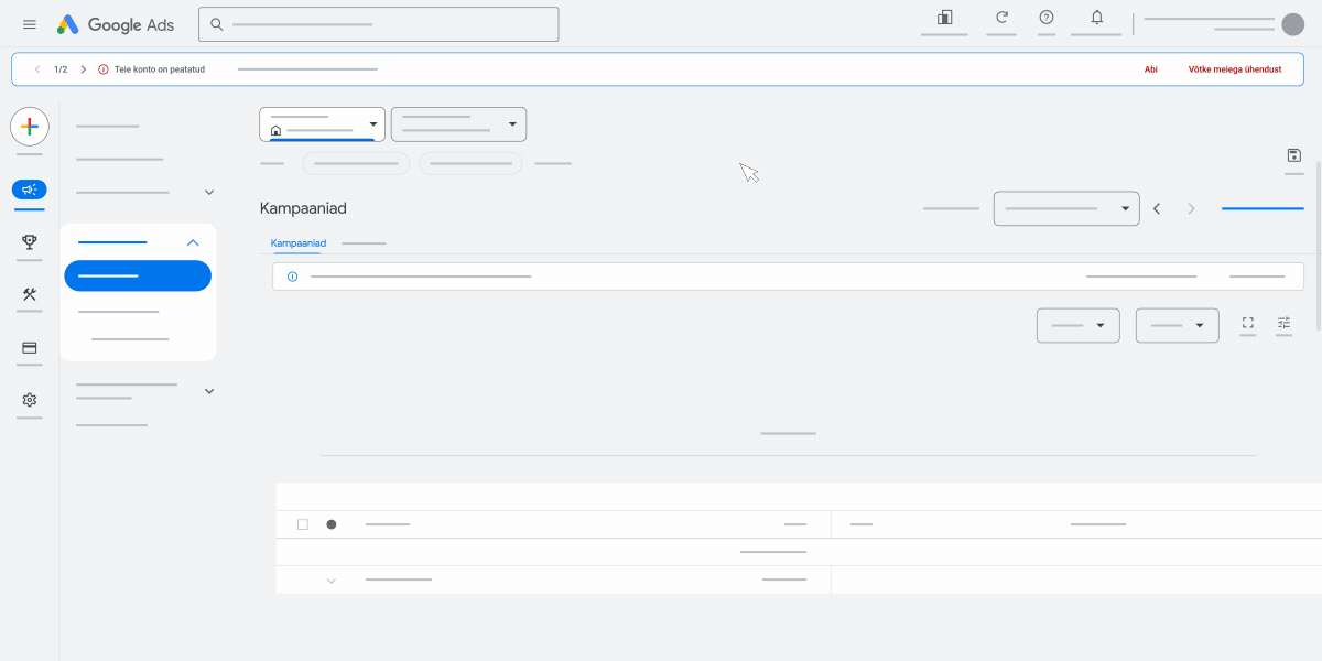 Kasutajaliidese animatsioon, mis tõstab esile Google Adsi konto seiskamise apellatsioonimenetluse. 